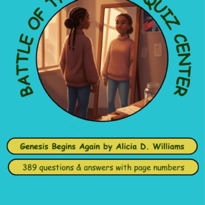 A vibrant quiz poster focused on the book 'Genesis Begins Again' with information about questions and answers.