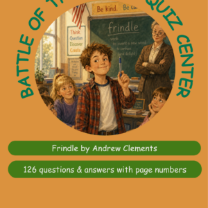 A quiz center cover for 'Frindle' by Andrew Clements, featuring a boy with a pencil in a classroom surrounded by peers.