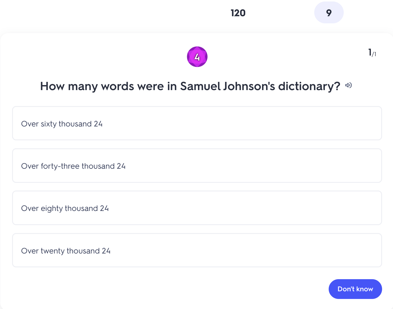 A quiz question about the word count in Samuel Johnson's dictionary, featuring multiple-choice answers and an audio option.