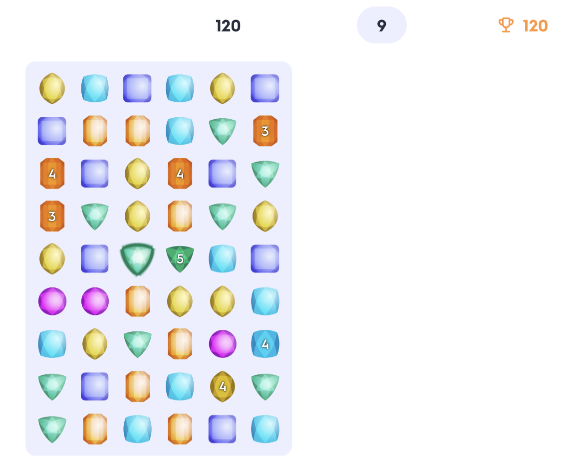 A grid of colorful gems and crystals in various shapes, arranged with numerical values indicating their type or points.
