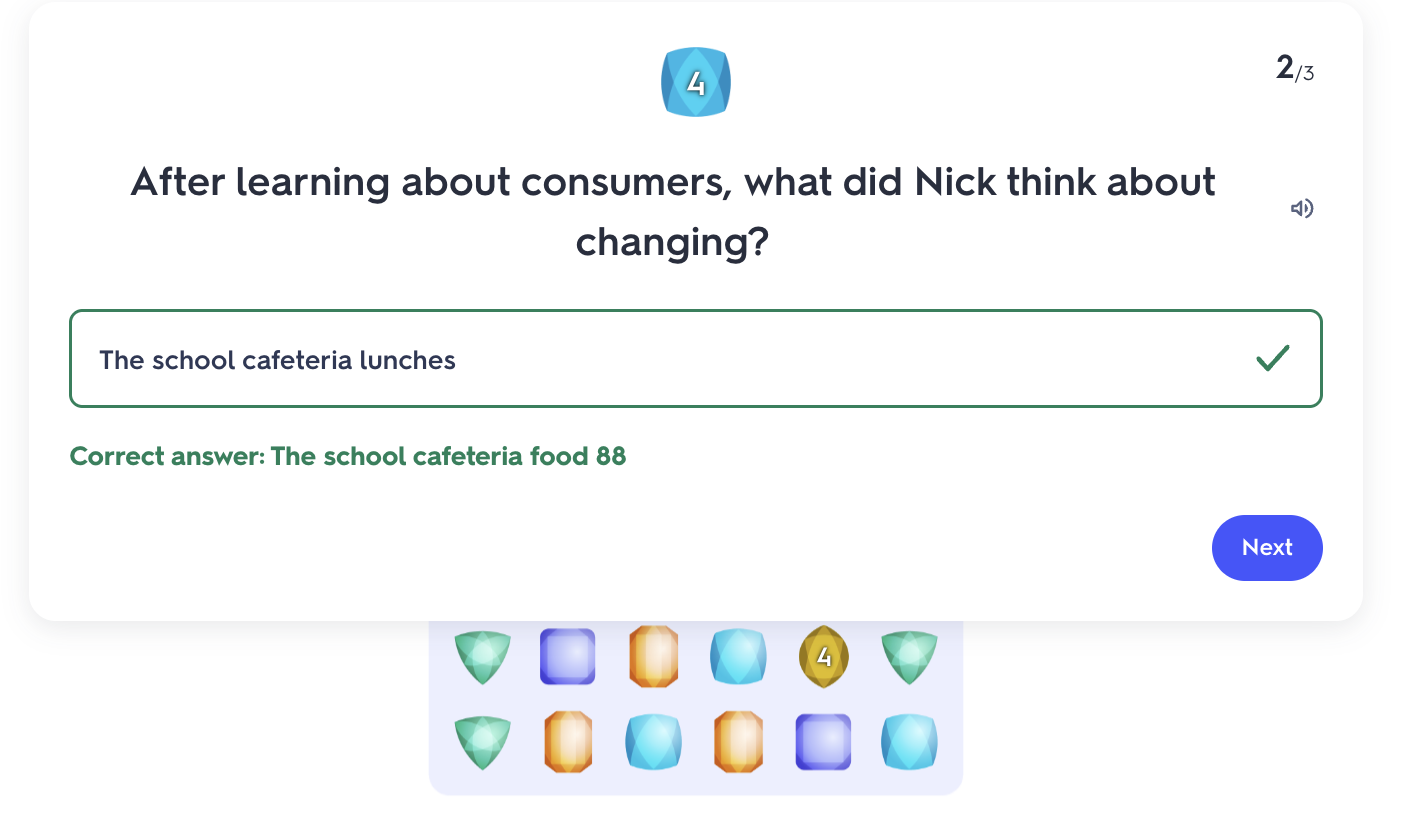 Educational quiz interface displaying a question about school cafeteria lunches with answer options and icons below.